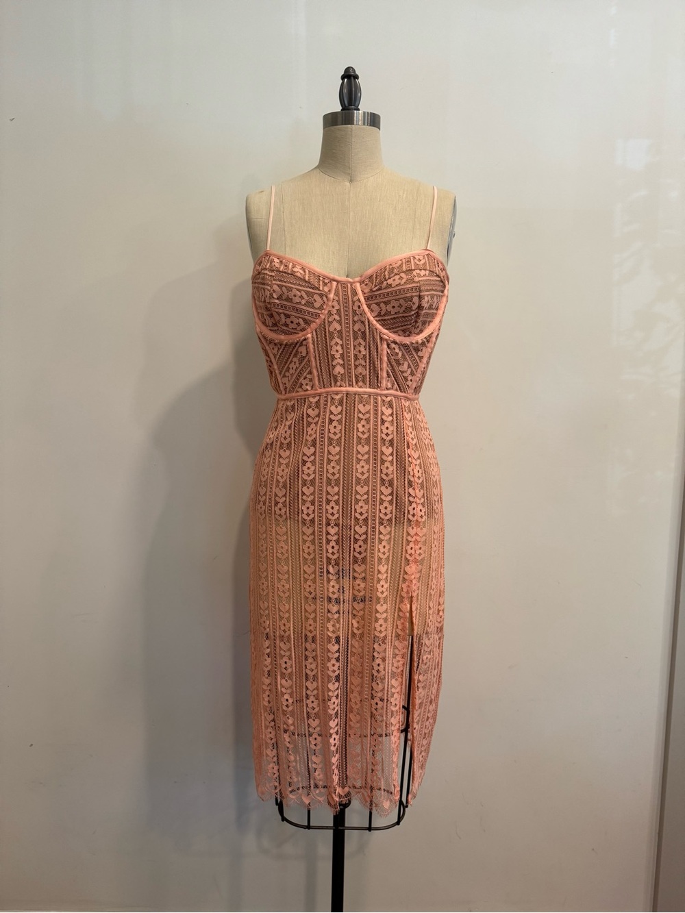 For Love & Lemons Peach Lace Bustier Midi Dress